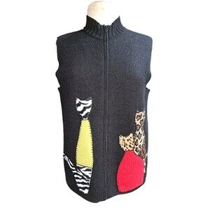 COLDWATER CREEK Cat Sweater Vest Wool Sleeveless Black Zip Front Vintage